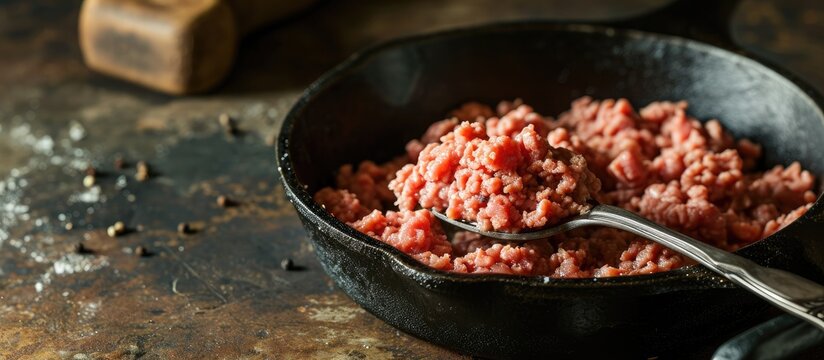 spoonful of freshly cooked ground beef from iron skillet. Copy space image. Place for adding text