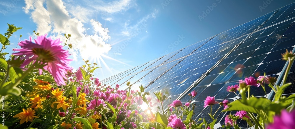 Poster solar cells on a roof with flowers in the foreground. copy space image. place for adding text