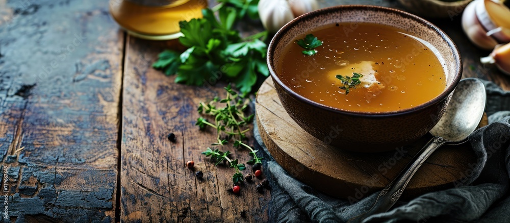 Poster saucepan with bouillon with a ladle on the table bone broth. copy space image. place for adding text
