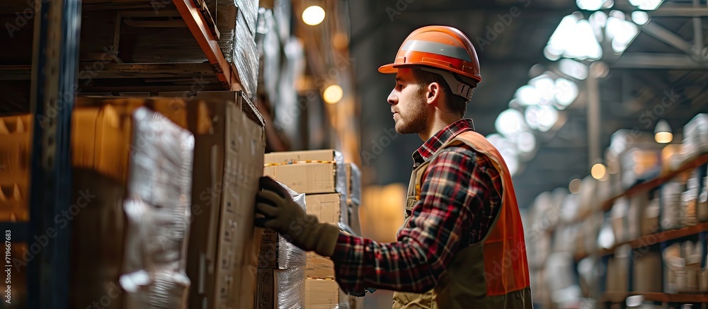 Poster young man moving boxes while working in a warehouse. copy space image. place for adding text