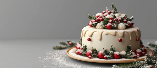 Fototapeta na wymiar White chocolate Christmas cake with festive holiday decorations. Copy space image. Place for adding text