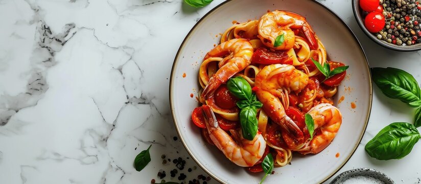 Pasta spaghetti spicy tomato sauce arrabbiata with shrimp on black marble table. Copy space image. Place for adding text