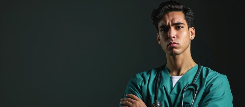 Young hispanic man wearing doctor uniform and stethoscope skeptic and nervous disapproving expression on face with crossed arms negative person. Copy space image. Place for adding text