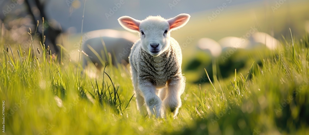 Poster small cute lamb gambolling in a meadow in a farm. copy space image. place for adding text