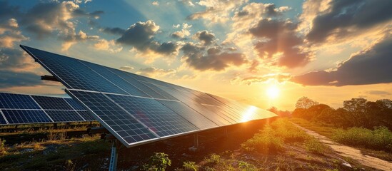 photovoltaic solar trackers for electricity production. Copy space image. Place for adding text