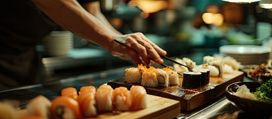 Young people eating sushi in Asian restaurant. Copy space image. Place for adding text