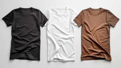 a row of white, beige, and brown tee shirts hanging