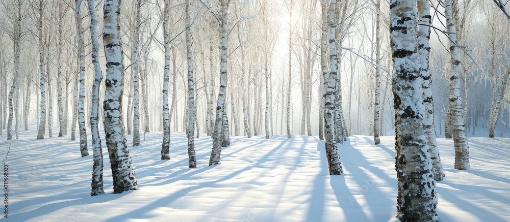 Poster winter minimalist landscape of birch trees in a snowdrift. copy space image. place for adding text