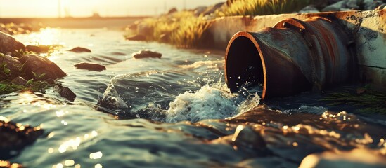 Sewage pipe outfall into the river water pollution and environmental damage concept selective focus. Copy space image. Place for adding text - obrazy, fototapety, plakaty