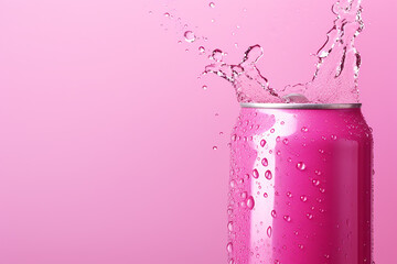 "Refreshing Elegance: Can of Fresh Soda with Water Drops on Pink Background"

