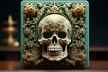 a skull miniature with decorations and ornament on a dark background
