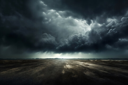 dark dramatic stormy sky with lightning and cumulus clouds over plain for abstract background