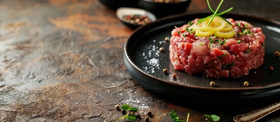 Tasty beef tartare with gherkin and chives Full of protein Source of protein and minerals. Copy space image. Place for adding text
