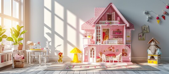 Fototapeta premium The photo of huge pink dollhouse model furnished with miniature furniture in a kid s room. Copy space image. Place for adding text