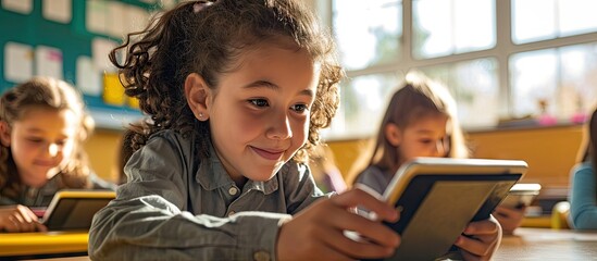 Schoolgirl using a tablet computer in elementary school in computer science class. Copy space image. Place for adding text