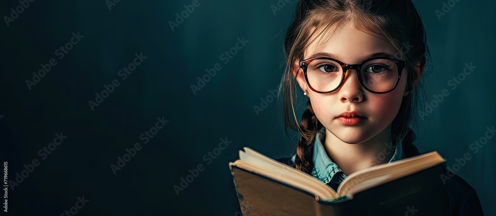 Poster sad and tired caucasian girl with dyslexia holds a wall the child learns to speak and read correctly