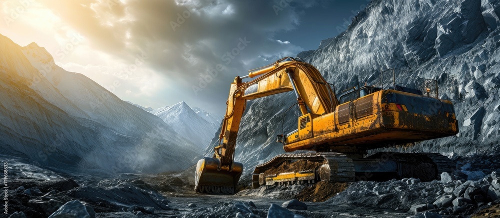 Poster working hydraulic excavators in the mine working in mining industry mining activities mine operation