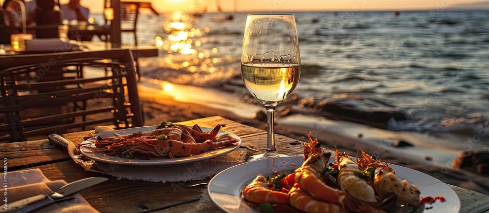 Poster Romantic dinner at the beach restaurant overlooking the sunset on the ocean on a beautifully served table seafood and white wine. Copy space image. Place for adding text