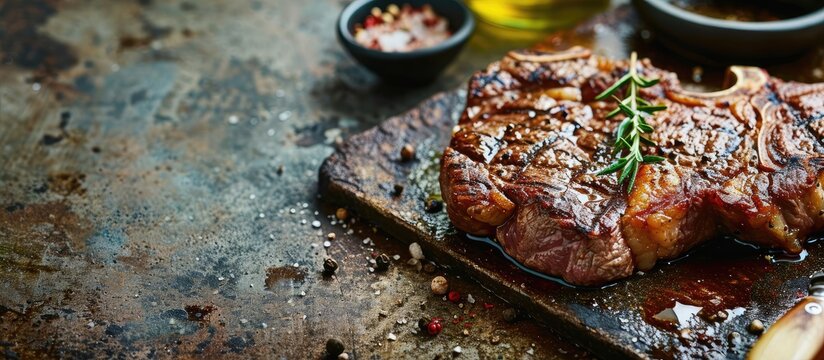 Tender raw trimmed bone in ribeye steak with jars of marinade spice rub an olive oil viewed from above on an old metal surface. Copy space image. Place for adding text