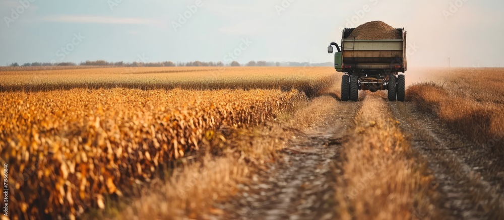 Poster pouring soy bean grain into tractor trailer after harvest at field. copy space image. place for addi