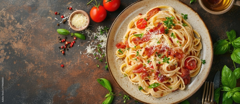 Poster pasta carbonara with bacon and parmesan on a plate top view. copy space image. place for adding text