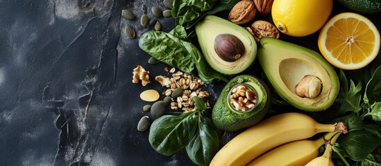 Progesterone boosting foods rich in vitamin and mineral Nutrients to increase progesterone naturally Best food sources for low progesterone and hormone balance Banana avocado citrus seeds nuts - obrazy, fototapety, plakaty