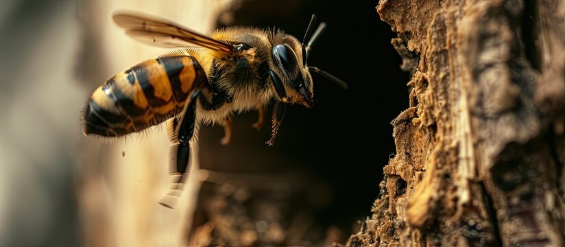 wild bee flying in front of insect shelter solitary bee Osmia bicornis. Copy space image. Place for adding text