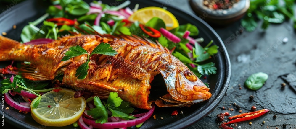 Poster tandoori fish tikka served with salad and garnish of lemon. copy space image. place for adding text