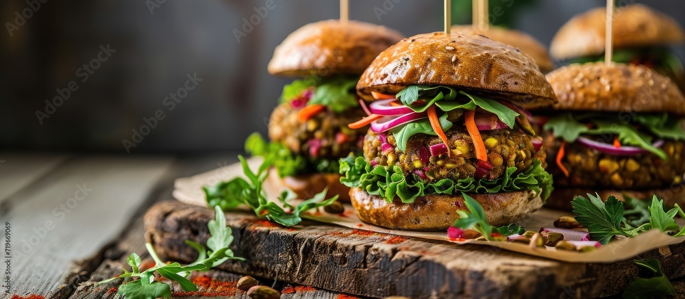 Poster vegan burgers with lentils and pistachios stacked on a cutting board. copy space image. place for ad