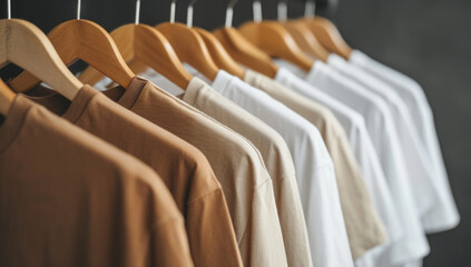 a row of white, beige, and brown tee shirts hanging