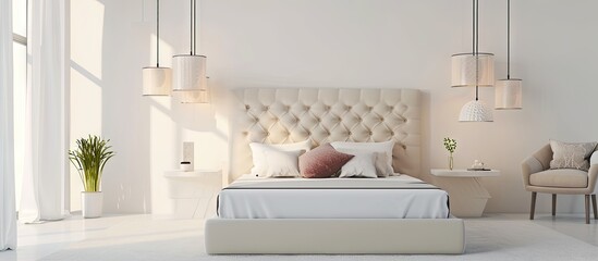 Three lamps in pastel colors hanging above bed with soft bedhead in bright interior. Copy space image. Place for adding text