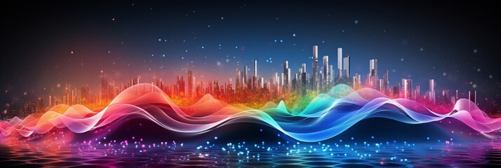 Colorful wave of bright particles for sound and music visualization background
