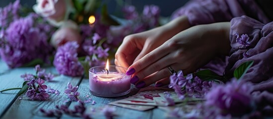 Woman s hand in bracelet with purple long nails lights candle with match next to deck of cards and lavender flowers on white and wooden surface. Copy space image. Place for adding text