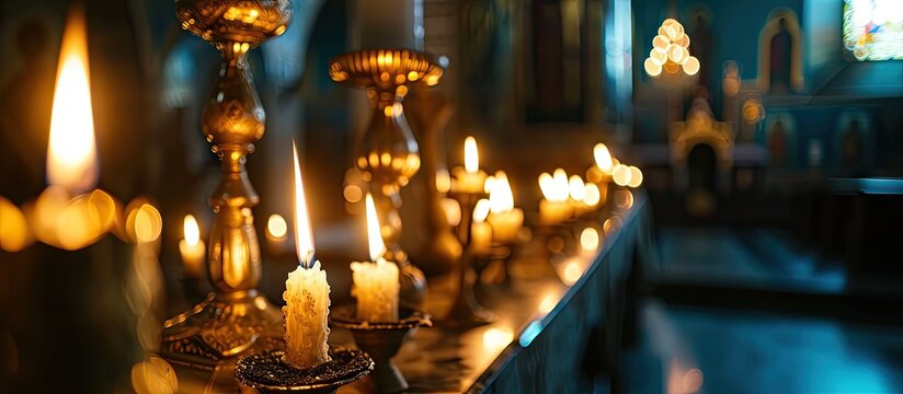 two burning candles for baptism in the orthodox church Christian faith and traditions Two burning candles in an orthodox church close up vertical orientation photo. Copy space image