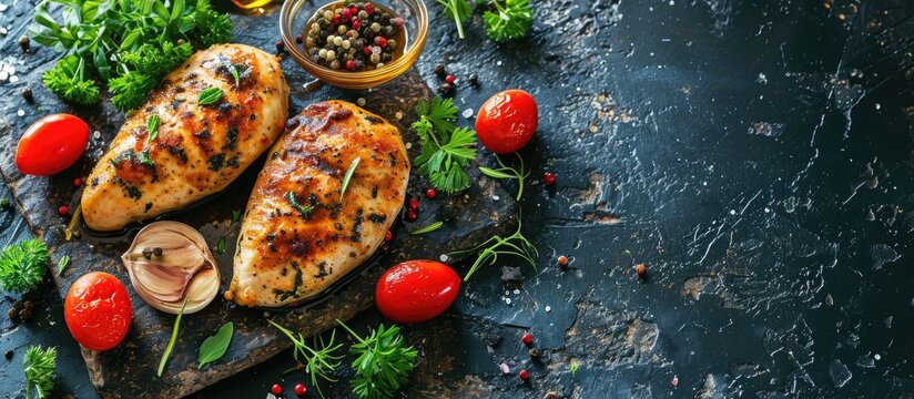 whole and sliced chicken breast with spices on a stone board top view copy space. Copy space image. Place for adding text