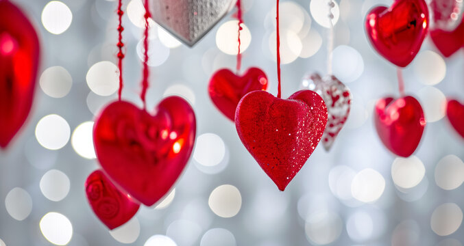 Happy Valentines Day card with hanging Love Valentines red silver hearts bokeh background
