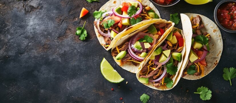 Pulled pork tacos with salsa guacamole and lime with copy space. Copy space image. Place for adding text