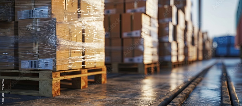 Poster stacked of cardboard boxes wrapped plastic on pallet waiting to load into shipping container cargo s