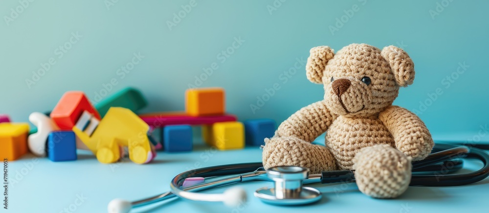 Poster pediatrics concept stethoscope and toy on a light background. copy space image. place for adding tex
