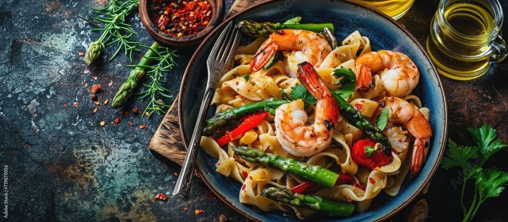 Poster pasta with shrimps green asparagus and peppers and wine served on table in restaurant. copy space im
