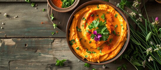 Roasted pepper hummus sprinkled with chopped parsley and edible chive flowers top view. Copy space image. Place for adding text