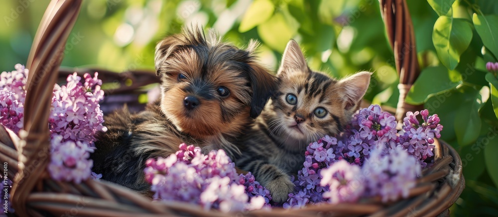 Poster yorkshire terrier puppy and tiny kitten sit together inside basket between lilacs flowers. copy spac