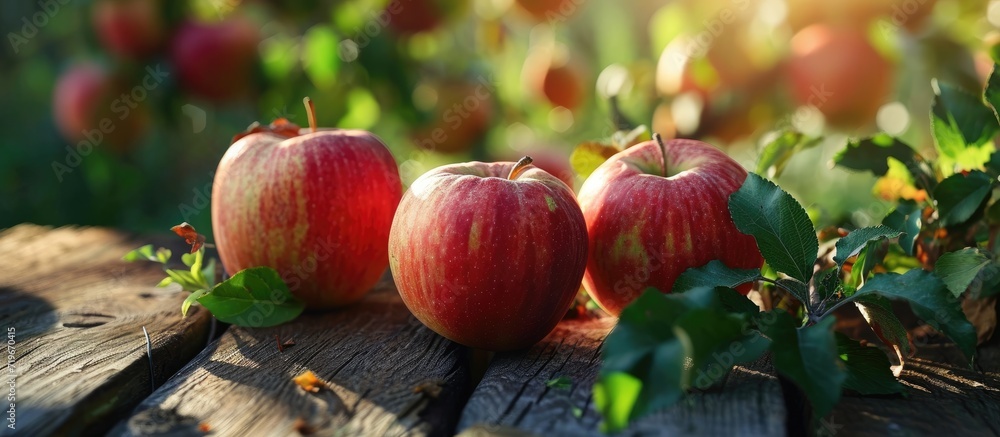 Poster three red homemade organic apples in an orchard on a wooden table ripe apples on garden background h