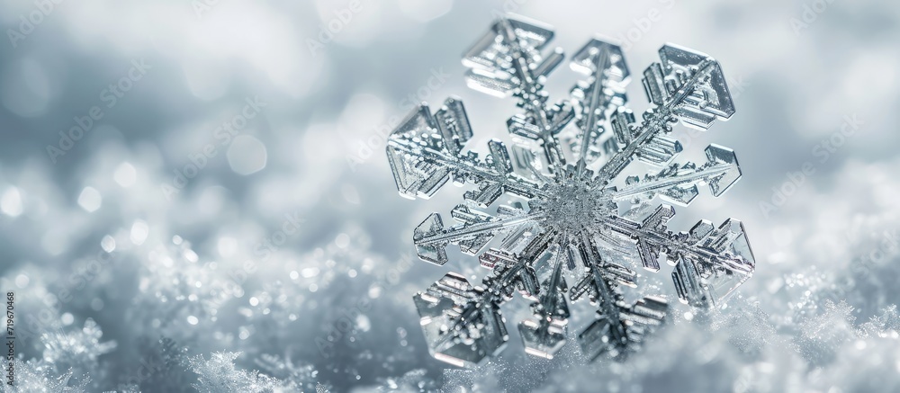 Poster snowflake isolated on white background macro photo of real snow crystal large stellar dendrite with 