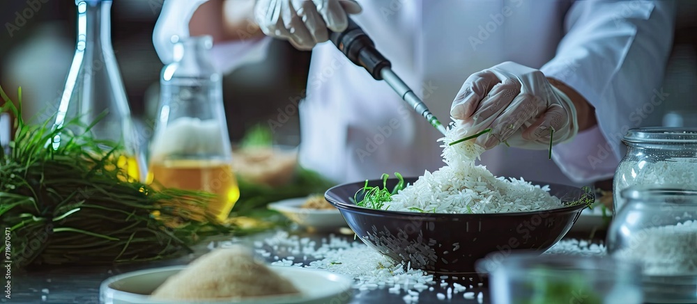 Poster scientist research genetic improvement jasmine rice in lab. copy space image. place for adding text
