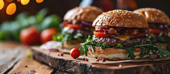 Two burgers on the wooden board close up. Copy space image. Place for adding text