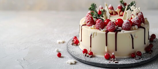 White chocolate Christmas cake with festive holiday decorations. Copy space image. Place for adding text