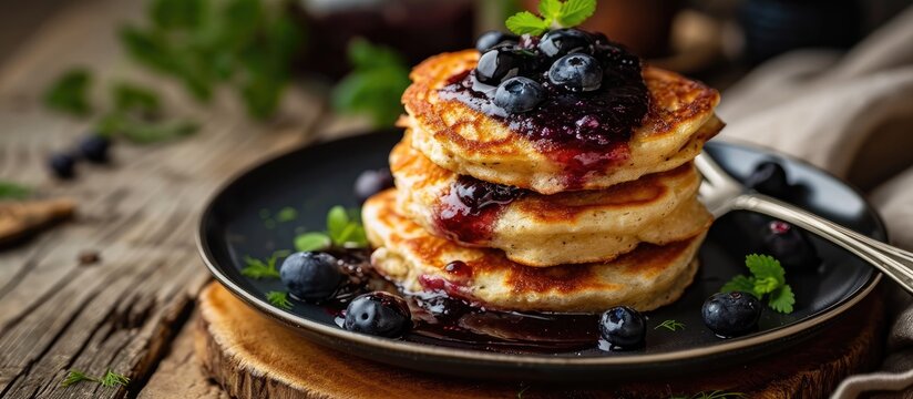 Traditional fennel Welsh cakes with blueberry coulis. Copy space image. Place for adding text
