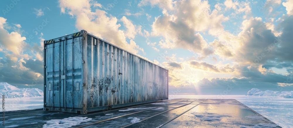Poster refrigerated container 20 foot long on the railway platform. copy space image. place for adding text