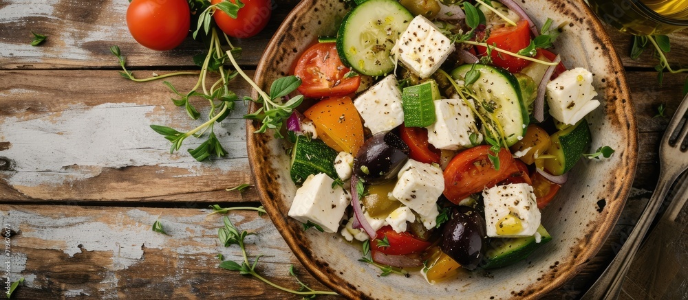 Poster traditional greek salad with fresh vegetables feta cheese and olives top view rustic style selective